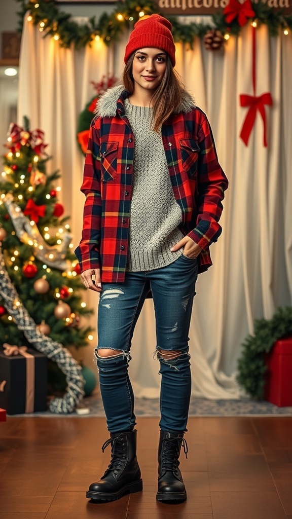 Grunge-Inspired Christmas Outfit Ideas Grunge Christmas outfit with plaid flannel, chunky sweater, distressed jeans, and combat boots in a festive setting.
